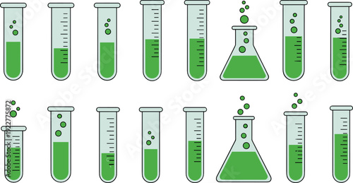 Laboratory test tube and flask icon set flat vector collection of chemistry experiment glassware isolated on light background