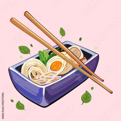 Blue takeout box of ramen noodles with egg and many chopsticks served on a bamboo mat Vector Illustration