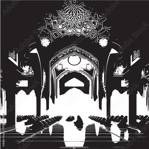 Black Mosque interior prayer row Silhouette Vector, High Quality Illustration on White Background
