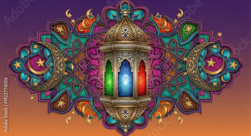 Ornate Islamic Lantern with Crescent Moons and Stars.