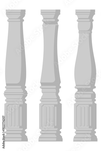 Architectural Baluster Column Vector Set for Staircase Design. Three grey concrete railing pillar illustrations in flat minimalist style isolated on white background for construction and renovation.