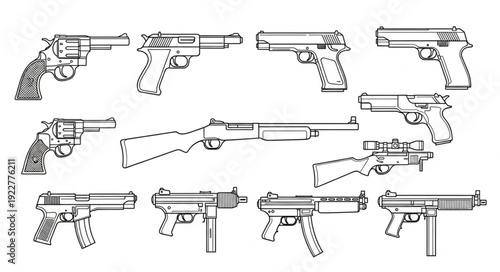Collection of various firearms, handguns, rifles, and submachine guns, all in a line.