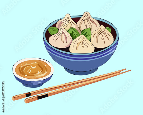 Blue takeout box of ramen noodles with egg and many chopsticks served on a bamboo mat Vector Illustration