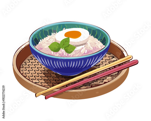 Blue takeout box of ramen noodles with egg and many chopsticks served on a bamboo mat Vector Illustration