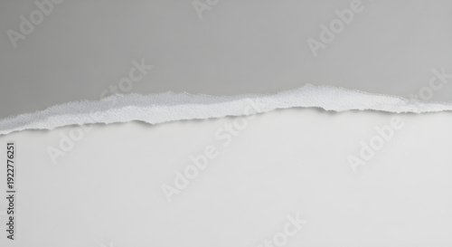 Tattered white textured paper edge with rough torn surface against a plain gray background