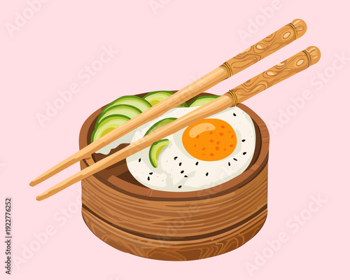 Blue takeout box of ramen noodles with egg and many chopsticks served on a bamboo mat Vector Illustration