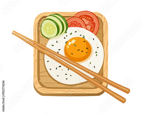 Blue takeout container of ramen noodles with egg and many chopsticks served on a bamboo mat Vector Illustration