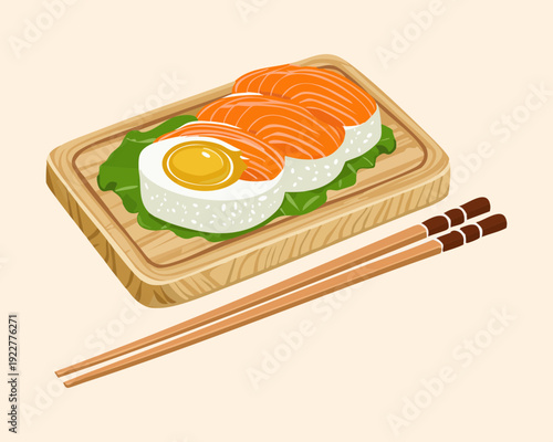 Blue takeout box of ramen noodles with egg and many chopsticks served on a bamboo mat Vector Illustration