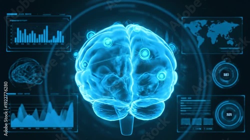 A glowing blue human brain rotates amidst futuristic digital interfaces. This represents advanced AI, neuroscience, and medical technology concepts.