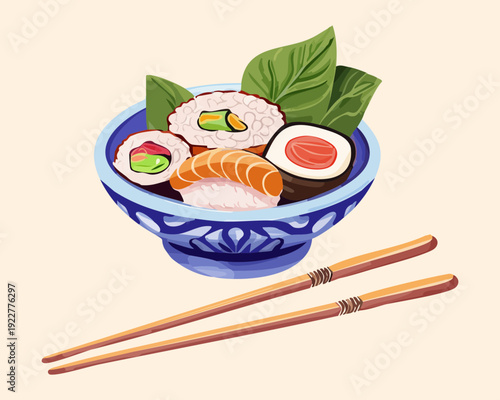 Blue takeout box of ramen noodles with egg and many chopsticks served on a bamboo mat Vector Illustration