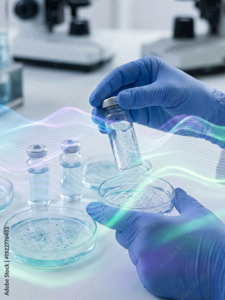 Fototapeta premium Gloved hands holding laboratory vial above petri dish with scientific equipment on table and soft abstract light waves in modern lab setting