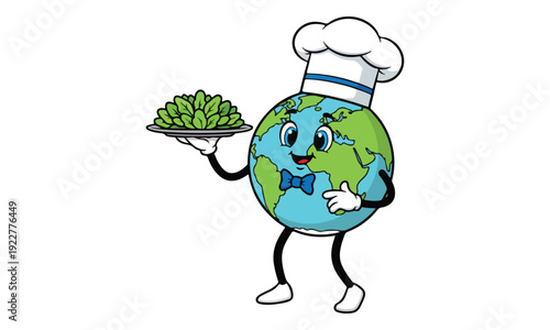 Earth Planet Chef Character Serving Fresh Green Vegetables