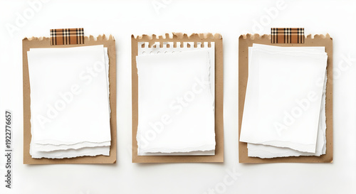 Stack of blank white paper sheets with rough edges displayed on brown cardboard