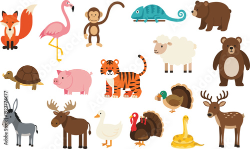 Cute woodland and zoo animals vector set including fox, flamingo, monkey, bear, tiger, deer, farm and wild creatures illustration collection