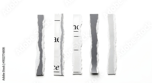 Tattered and torn paper strips with numbers and text on a white background display