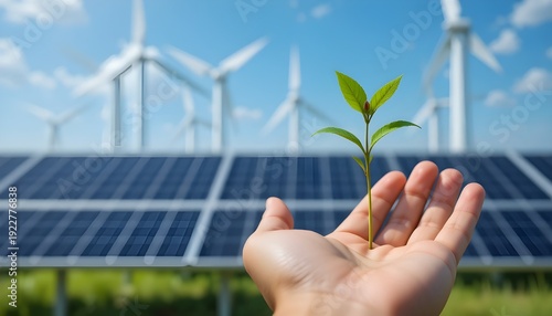 Close up of a human hand holding a small green plant sprout against a background of modern solar panels and wind turbines, blue sky, symbol of green energy and sustainability, high detail, photorealis