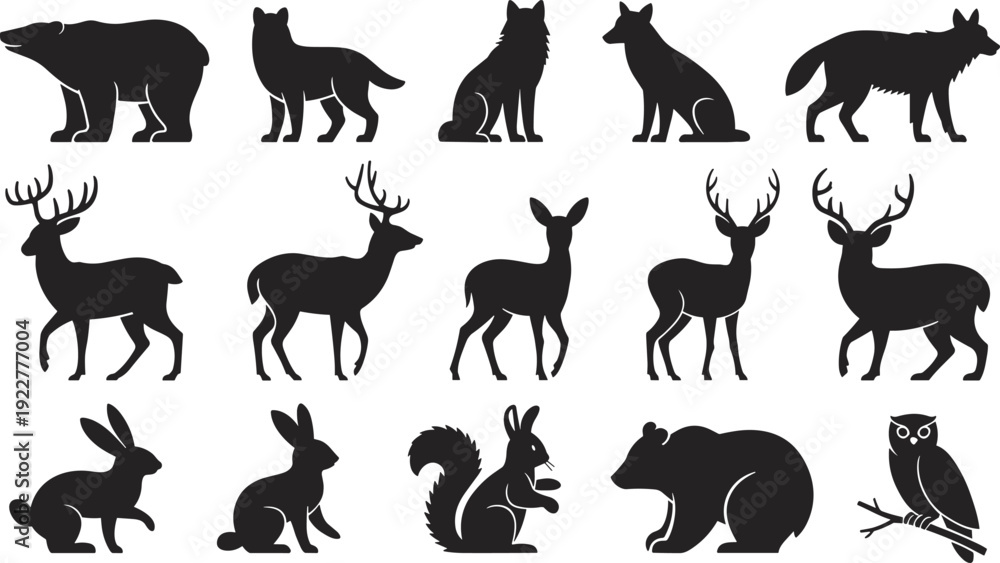 Obraz premium Black forest animal silhouettes including bear, wolf, deer, rabbit, squirrel, and owl, perfect for wildlife artwork and design