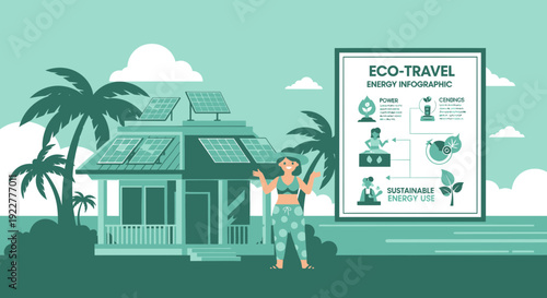 Woman with EcoTravel Infographic and Sustainable House.