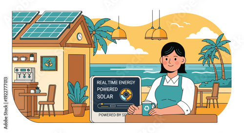 Woman with laptop in a cafe powered by solar energy.