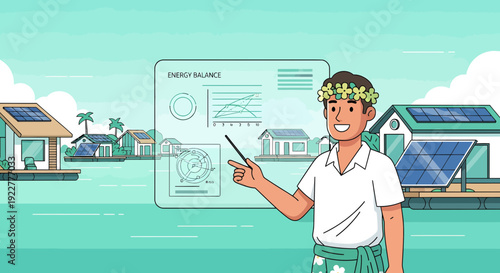 Young man in traditional attire presenting information on a screen.