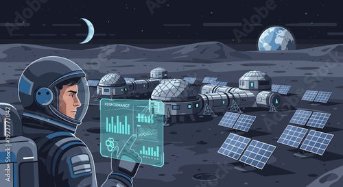 Astronaut analyzing data on a futuristic transparent screen in a space suit.