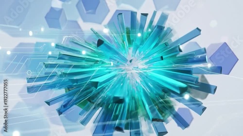 Futuristic Hexagon Data Burst Animation with Blue and Green Glass Shapes, Abstract Digital Technology Explosion, Cyber Network Visualization Background for Innovation and Hi Tech Project