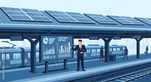 Businessman presenting data on a large screen at a solarpowered train station.