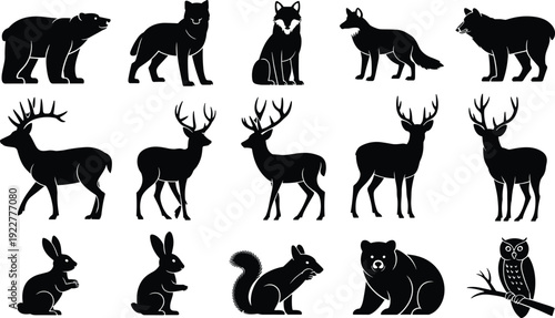Black forest animal silhouettes including bear, wolf, fox, deer, rabbit, squirrel, and owl, perfect for wildlife artwork and design