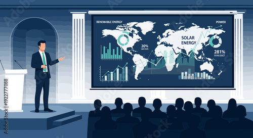 Businessman presenting global solar energy data on a large screen.
