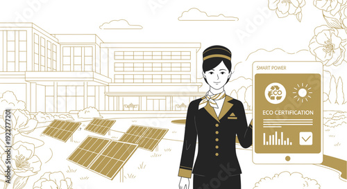 Elegant hotel concierge presenting a digital hotel management application.