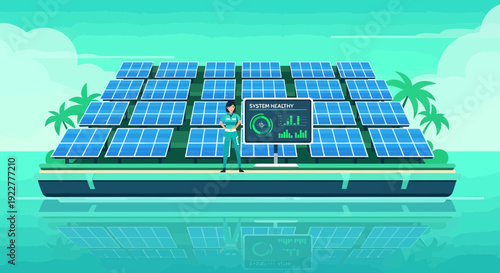 Engineer monitoring floating solar panel array with advanced analytics.