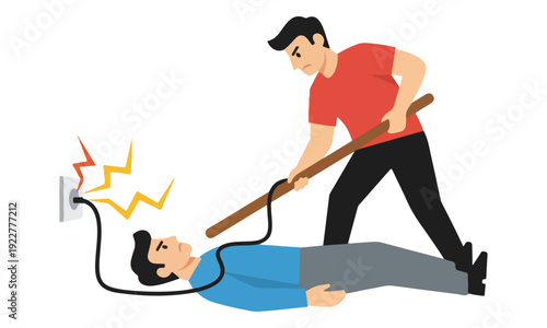 Electric Shock First Aid: Man Rescuing Electrocuted Victim