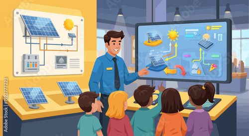 Educator Explaining Solar Energy to Children in a Classroom Setting.