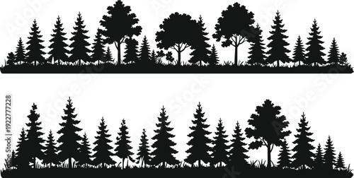 Black Forest Tree Line Silhouette with Evergreen and Deciduous Woodland Border, Seamless Nature Landscape Vector Illustration with Grass Detail Background