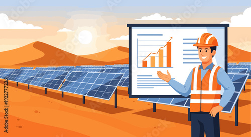 Engineer presenting solar panel performance data on a large screen.