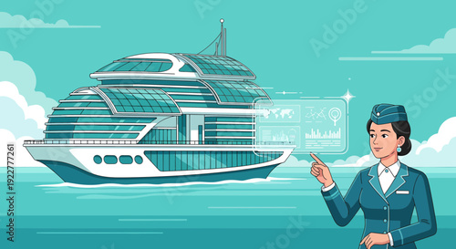 Female air hostess presenting a luxury cruise ship.