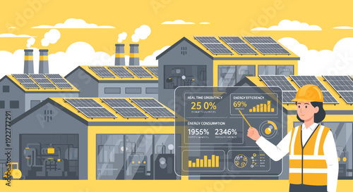Female Engineer Analyzing Solar Panel Performance Data on Digital Screen.