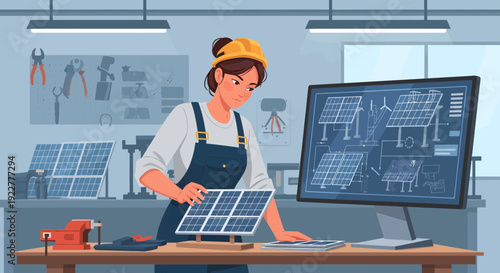 Female engineer examining solar panel in a workshop.