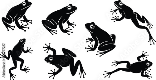 Black frog silhouettes in various poses with distinct limb positions and webbed feet, perfect for design, art, and illustrationt