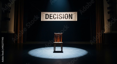 A single wooden chair on a dark stage illuminated by a spotlight, with a banner overhead reading 