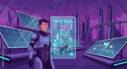 Futuristic man in cyber suit interacting with holographic interface.