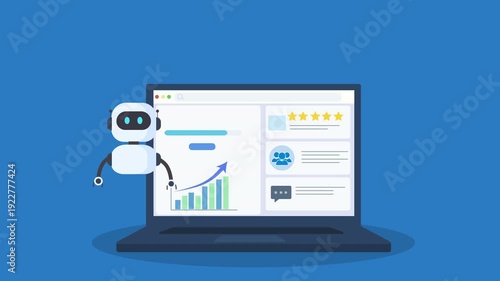 Wallpaper Mural Minimal animation of a robot beside a laptop showing analytics charts and data panels, representing automation, AI technology, and digital monitoring in a clean modern workspace. Torontodigital.ca