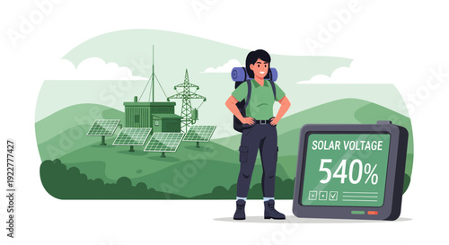 Hiker with Backpack and Solar Voltage Display.