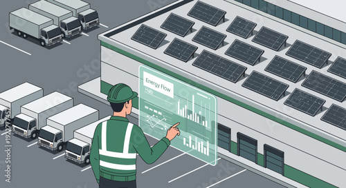 Logistics worker interacting with a transparent digital screen at a sustainable warehouse.