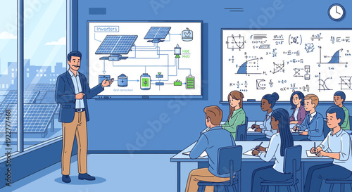 Instructor presenting solar energy system diagram to diverse students in a modern classroom setting.