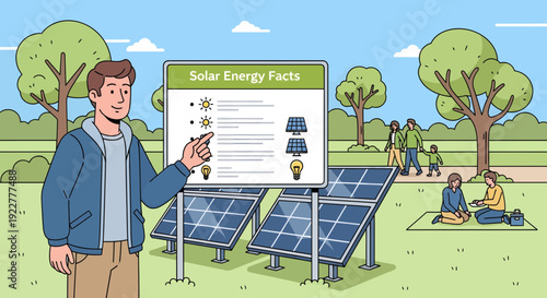Man Explaining Solar Energy Facts with Visual Aids and Solar Panels.