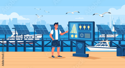 Man interacting with a large interactive digital display.