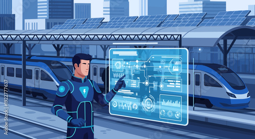 Man Interacting with Futuristic Transparent Screen Displaying Data and Graphics.