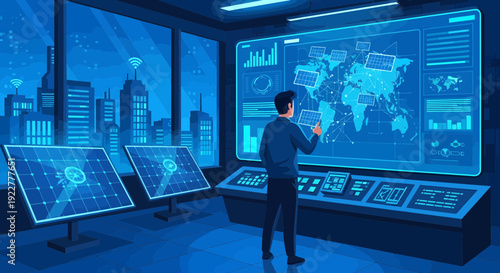 Man Interacting with Large Digital World Map Display in Control Room.