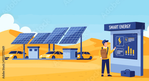 Man Interacting with Smart Energy Kiosk at Solar Charging Station.